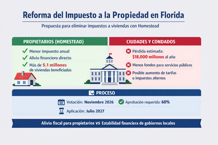 Florida debate eliminar impuestos a la propiedad: alivio para propietarios, alarma para ciudades y condados